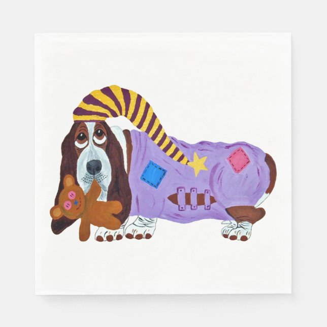 Guardanapo De Papel Basset Hound em PJs com ursinho de pelúcia (Frente)