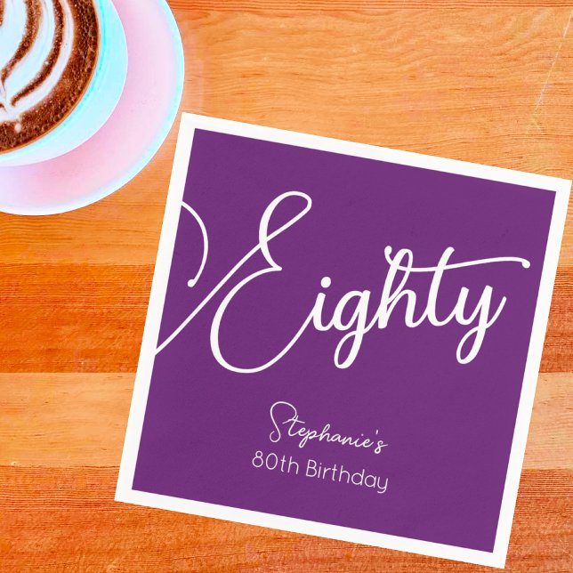 Guardanapo De Papel Bastante Moderno Script Autumn Purple 80 Birthday (Criador carregado)