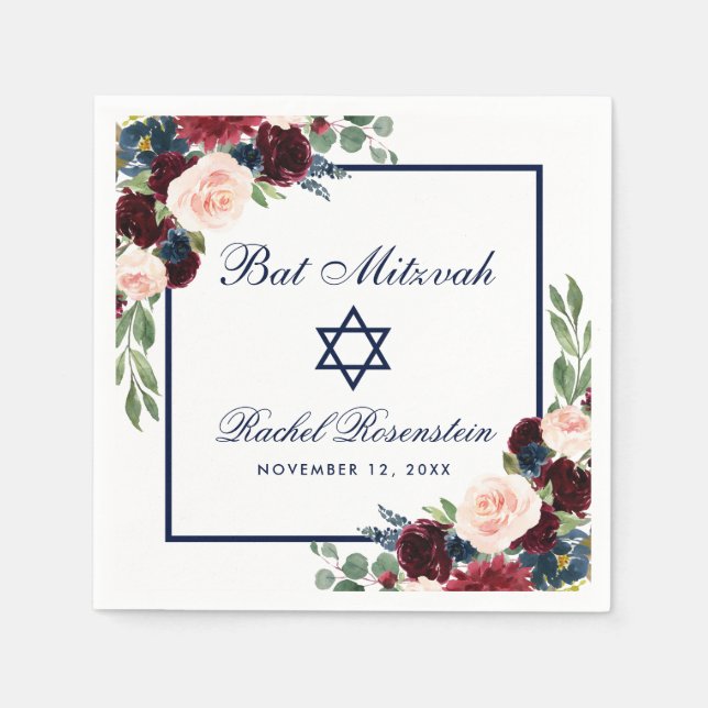 Guardanapo De Papel Bat Mitzvah Burgundy Blue Floral (Frente)