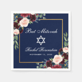 Guardanapo De Papel Bat Mitzvah Burgundy Blue Floral Dourado