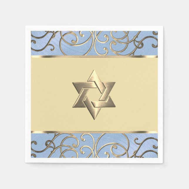 Guardanapo De Papel Bat Mitzvah Elegante Dusty Blue e Dourado Filigree (Frente)
