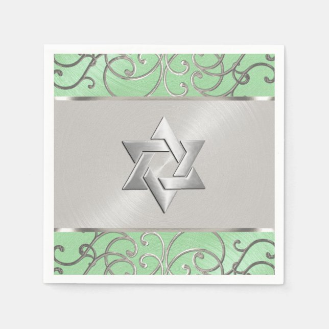 Guardanapo De Papel Bat Mitzvah Elegante Mint Green Silver Filigree (Frente)