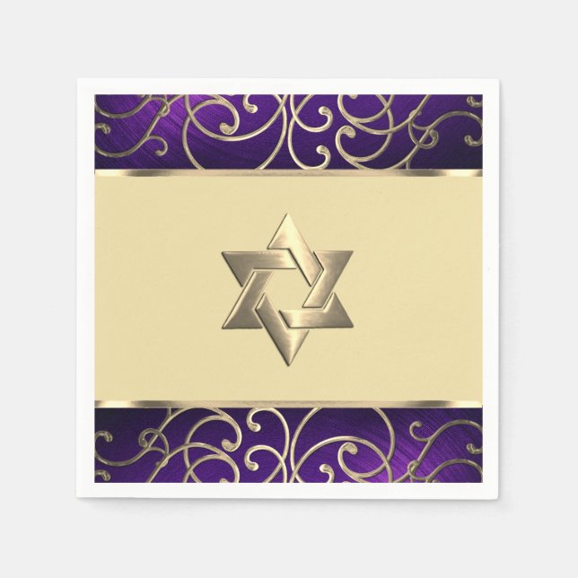 Guardanapo De Papel Bat Mitzvah Elegante Roxo e Dourado Filigree (Frente)