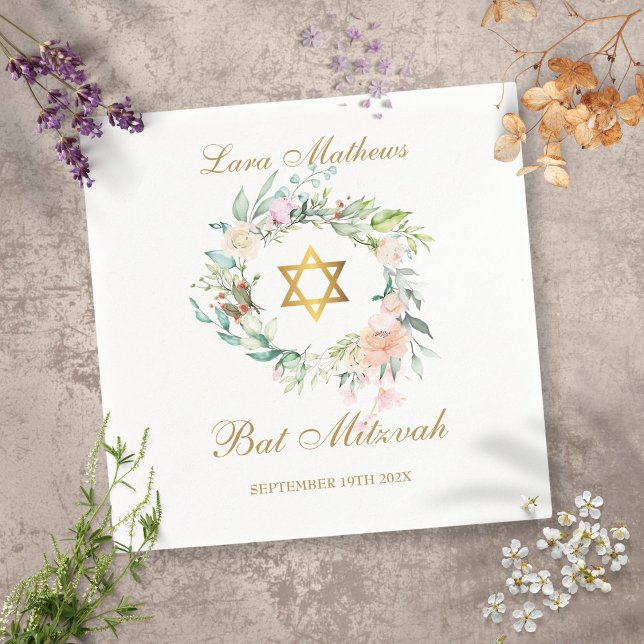Guardanapo De Papel Bat Mitzvah Estrela de Davi Floral (Criador carregado)