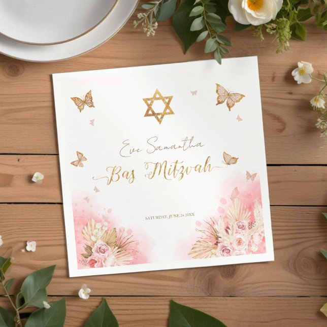 Guardanapo De Papel Bat Mitzvah Napkins | Borboletas de palha rosa (Criador carregado)