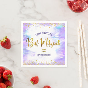 Guardanapo De Papel Bat Mitzvah Purple Watercolor Script Confetti