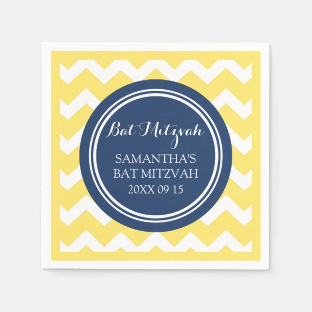 Guardanapo De Papel Bat Personalizado Mitzvah Napkin Blue Chevron (Frente)
