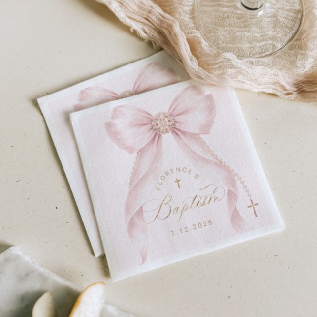 Guardanapo De Papel Batismo Bege Rosa Laço Pérolas (Criador carregado)