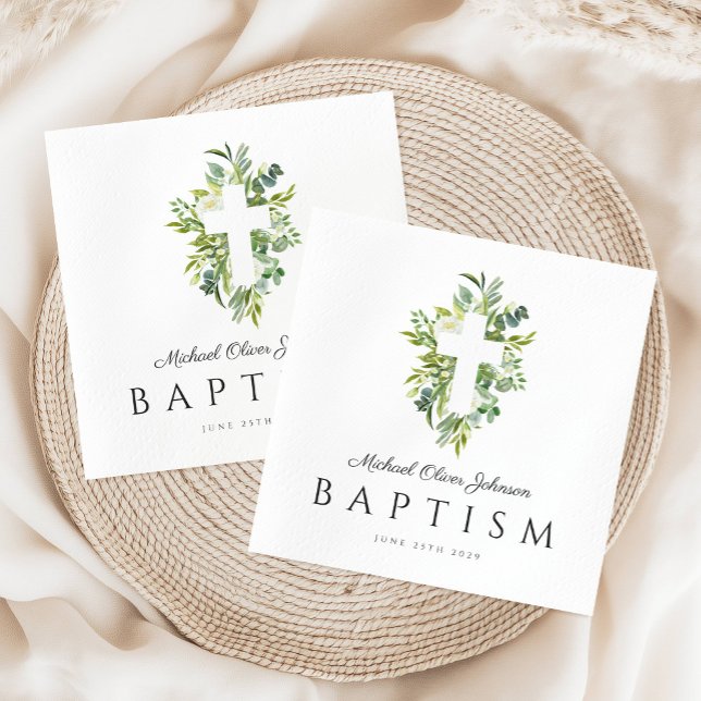 Guardanapo De Papel Batismo Botânico Verde Cruz Religioso (Religious Cross Green Botanical Baptism Napkins)