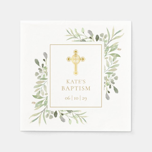 Guardanapo De Papel Batismo Christening Dourado Cross Greenery (Frente)