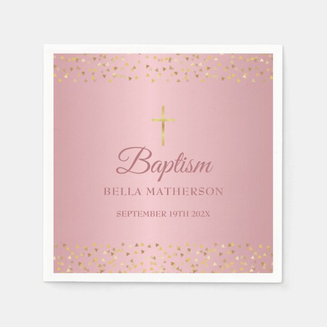 Guardanapo De Papel Batismo Christening Rosa Dourado Hearts (Frente)
