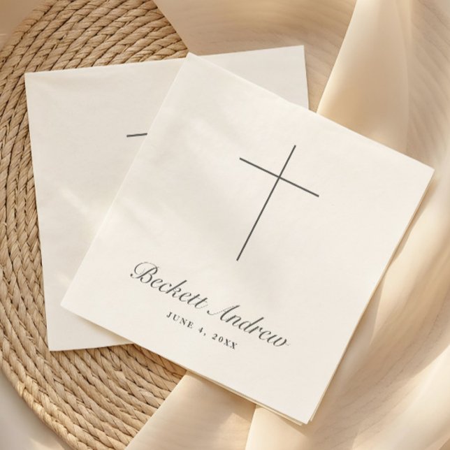 Guardanapo De Papel Batismo com Cruz Simples em Script (Simple Black and White Cross Script Baptism, Christening or First Holy Communion Napkins.)