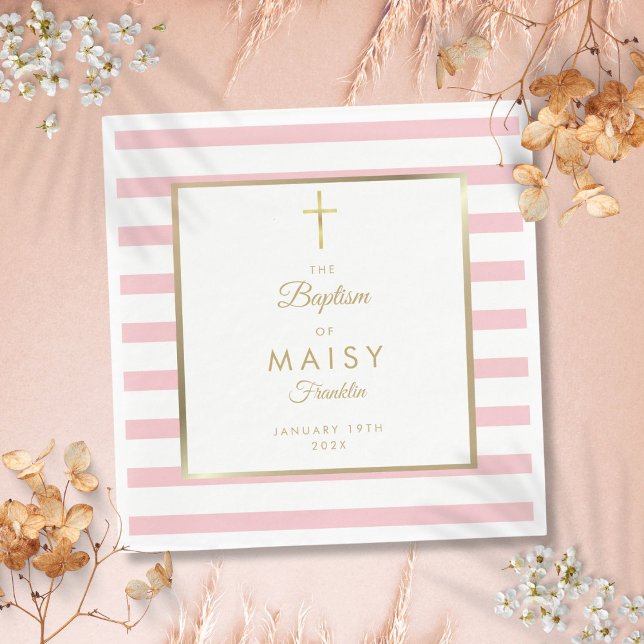 Guardanapo De Papel Batismo com Listra Dourada e Rosa (Gold And Pink Stripe Baptism Christening Napkins)