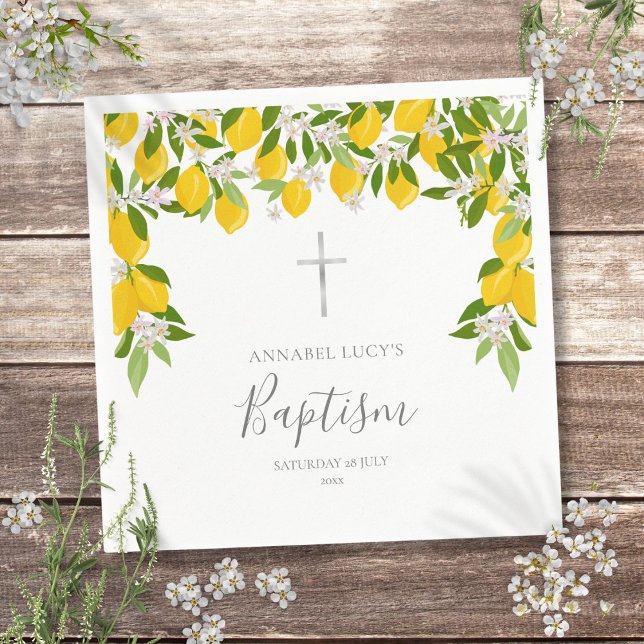 Guardanapo De Papel Batismo Cristening Lemons Floral (Baptism Christening Lemons Blossom Floral Napkins)