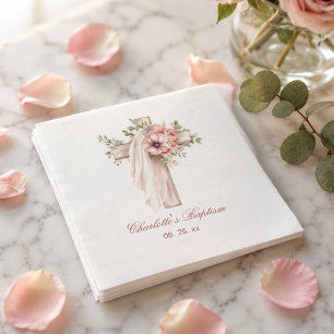 Guardanapo De Papel Batismo Cruz Floral Rosa Corado