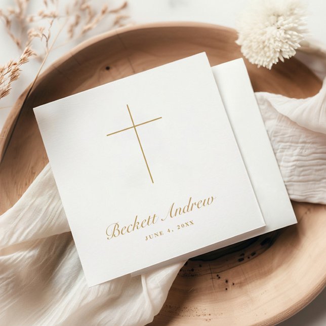 Guardanapo De Papel Batismo Cruz Ouro Simples Roteiro (Simple Gold Cross Script Baptism, Christening or First Holy Communion Napkins.)