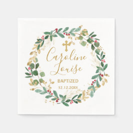 Guardanapo De Papel Batismo de Bebê de Folhagem Dourada Verde