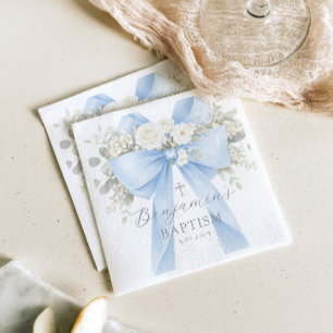 Guardanapo De Papel Batismo de Bebê Menino com Arco Azul de Eucalipto