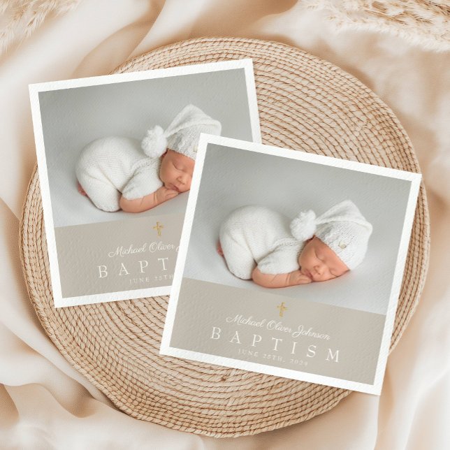 Guardanapo De Papel Batismo de Foto Religiosa de Cruz Elegante (Elegant Religious Cross Taupe Photo Baptism Napkins)