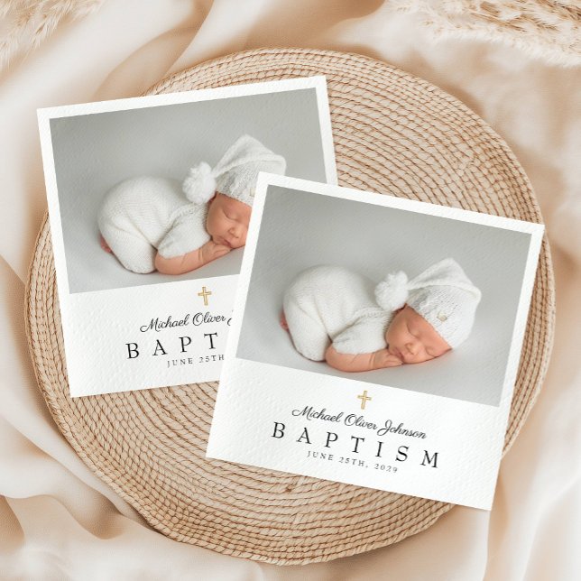 Guardanapo De Papel Batismo de Foto Religiosa Elegante (Elegant Religious Cross Photo Baptism Napkins)
