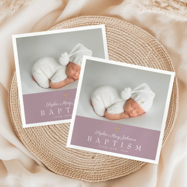 Guardanapo De Papel Batismo de Foto Roxo Religioso Elegante (Elegant Religious Cross Purple Photo Baptism Napkins)