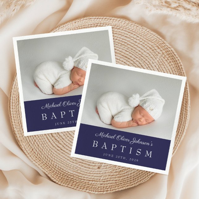 Guardanapo De Papel Batismo de Fotografia do Script Azul do Elegante M (Elegant Navy Blue Boy Photo Baptism Napkins)