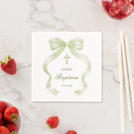 Guardanapo De Papel Batismo de Laço Verde Elegante