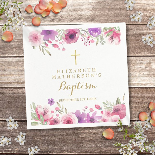 Guardanapo De Papel Batismo de Rosa Rosa Floral (Pink Rose Floral Baptism Christening Napkins)