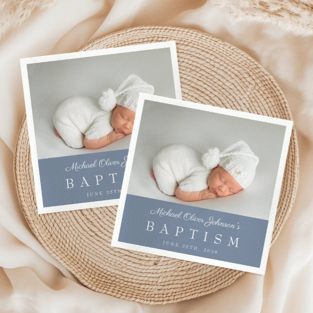 Guardanapo De Papel Batismo do Elegante Dusty Blue Script (Elegant Dusty Blue Script Photo Boy Baptism Napkins)