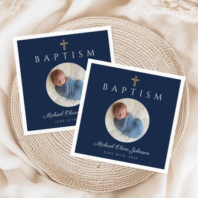 Guardanapo De Papel Batismo do Marinho Elegante Blue Cross (Elegant Navy Blue Cross Photo Boy Baptism Napkins)