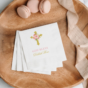 Guardanapo De Papel Batismo Dourado Floral Rosa Elegante para Menina
