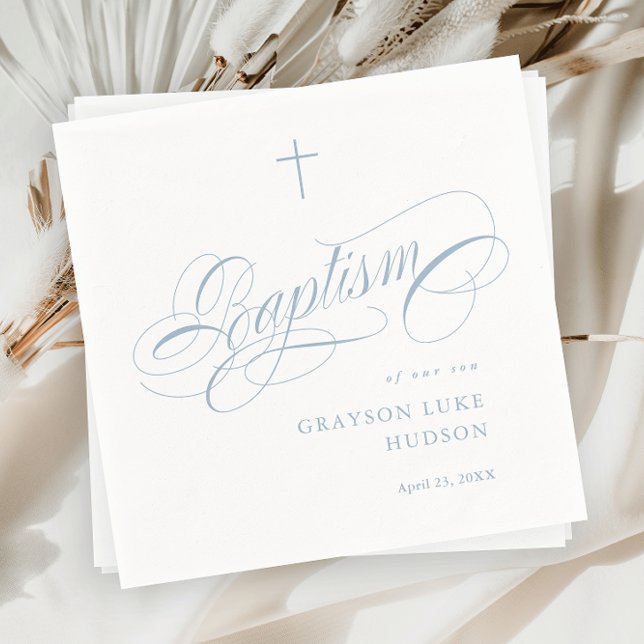 Guardanapo De Papel Batismo Elegante: Caligrafia Dusty Blue Boys (Elegant calligraphy dusty blue boys baptism napkins.)