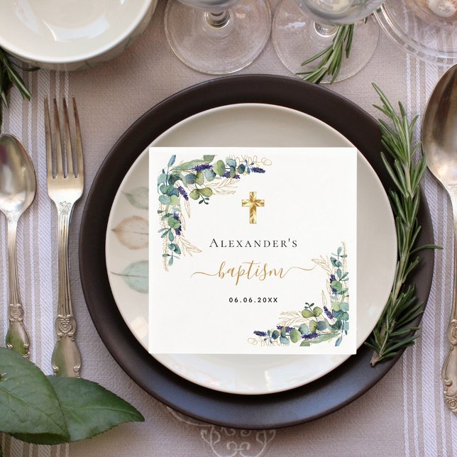 Guardanapo De Papel Batismo eucalipto verde monograma elegante (Criador carregado)