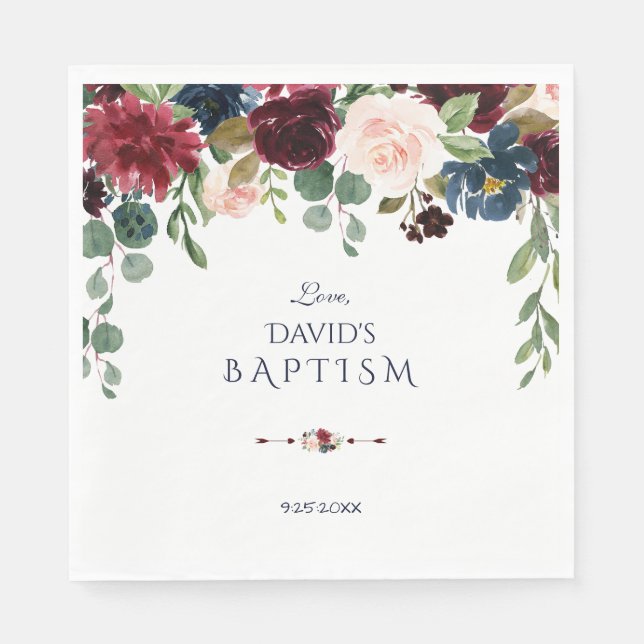 Guardanapo De Papel Batismo Floral Azul-Marinho de Merlot charmoso (Frente)