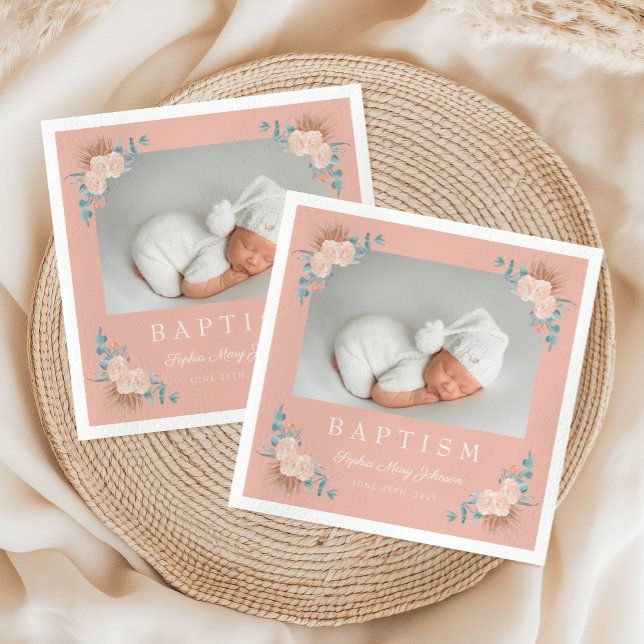 Guardanapo De Papel Batismo Fotográfico de Menina Floral Rosa Elegante (Elegant Pink Floral Girl Photo Baptism Napkins)
