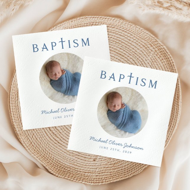 Guardanapo De Papel Batismo Fotográfico de Script Azul Elegante (Elegant Blue Script Photo Baptism Napkins)