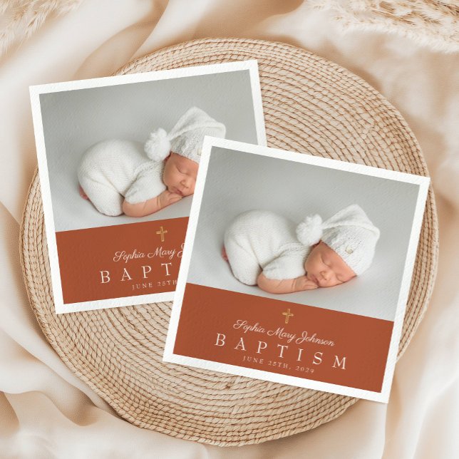 Guardanapo De Papel Batismo Fotográfico Elegante da Cruz Religiosa (Elegant Religious Cross Terracotta Photo Baptism Napkins)