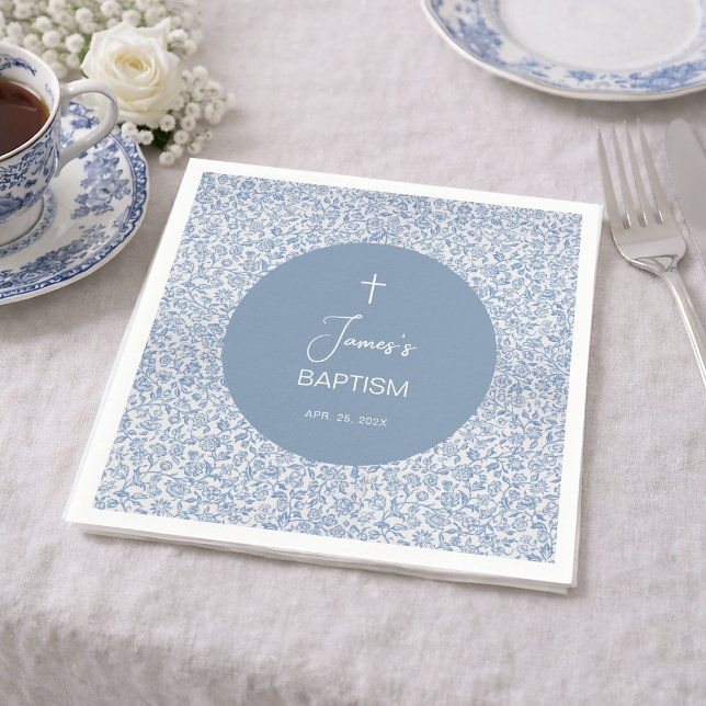 Guardanapo De Papel Batismo Menino Azul e Branco Padrão Floral Elegant (Criador carregado)