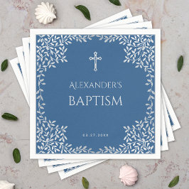 Guardanapo De Papel Batismo Menino Clássico Azul Falso Folhas Prata Or