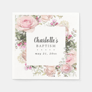 Guardanapo De Papel Batismo Personalizado Floral Branco e Rosa