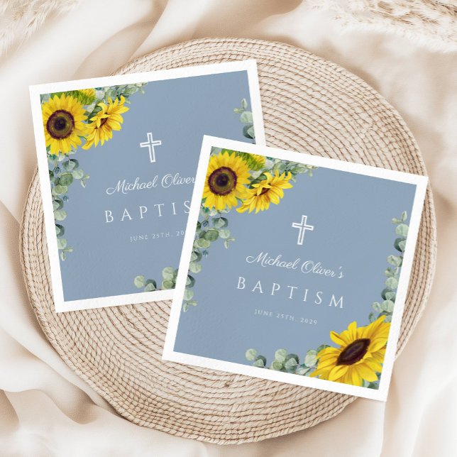 Guardanapo De Papel Batismo Religioso do Girassol Azul Elegante (Elegant Dusty Blue Sunflower Religious Baptism Napkins)