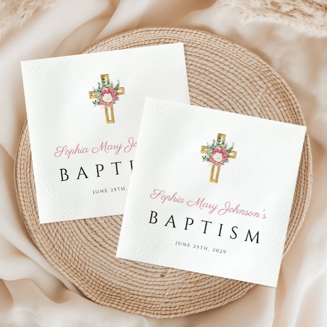 Guardanapo De Papel Batismo religioso Elegante Cruz Rosa Floral Rosa (Elegant Religious Cross Pink Floral Girl Baptism Napkins)