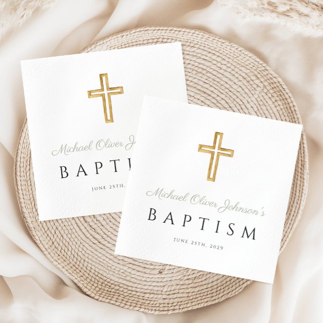 Guardanapo De Papel Batismo religioso Verde Elegante (Elegant Sage Green Religious Cross Baptism Napkins)