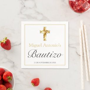 Guardanapo De Papel Bautizo Bebé Niño Cruz Oro y Blanco Clasico
