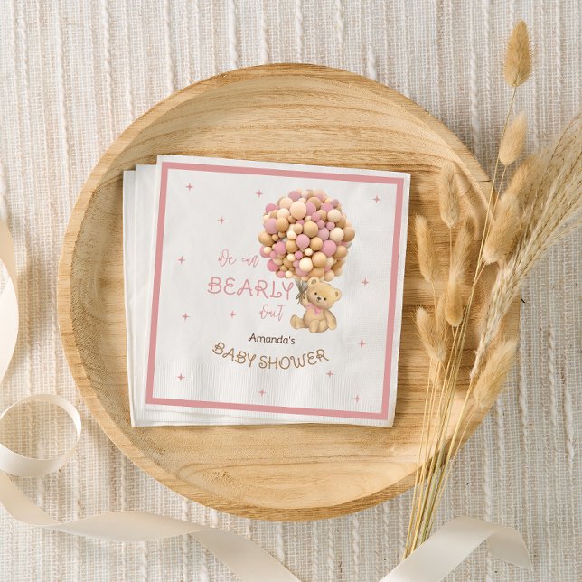 Guardanapo De Papel Bear Balloons Baby Girl Chá Boho Rosa (Criador carregado)