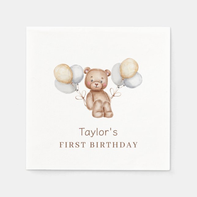 Guardanapo De Papel Bear First Birthday Forest Animals Paper (Frente)