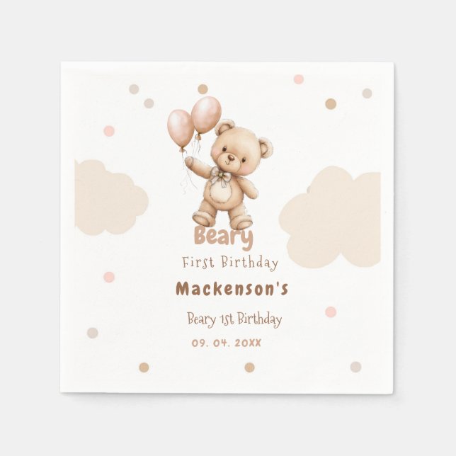 Guardanapo De Papel Beary First Balloon Boy 1st Birthday Teddy Bear (Frente)
