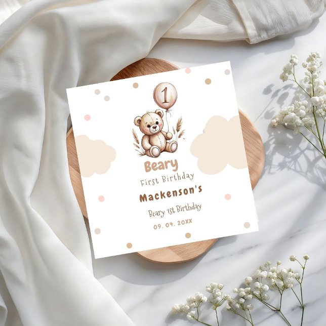 Guardanapo De Papel Beary First Balloon Boy 1st Birthday Teddy Bear (Criador carregado)