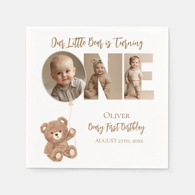Guardanapo De Papel Beary First Birthday Little Bear Foto (Frente)