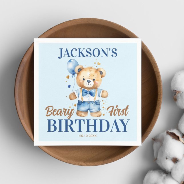 Guardanapo De Papel Beary First boys aniversariante ursinho azul-balão (Beary first birthday teddy bear party tableware personalized napkins cute teddy with denim shorts )